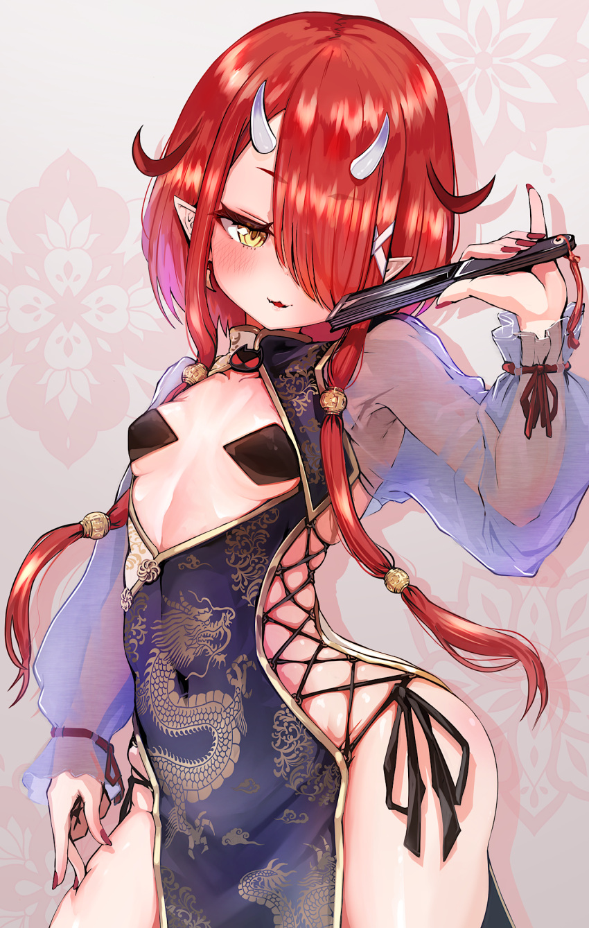1girl black_dress blush breasts china_dress chinese_clothes commentary_request contrapposto cross-laced_clothes cross-laced_dress dragon_print dress facing_viewer fangs folded_fan folding_fan groin hair_over_eyes hair_over_one_eye hand_fan highres holding holding_fan hoozuki_warabe horns kajimakoto long_bangs long_hair long_sleeves noripro oni_horns paid_reward_available panties pasties petite pointy_ears print_dress red_hair see-through see-through_sleeves short_hair_with_long_locks side-tie_panties sideless_dress sideless_outfit sideways_glance skin_fangs small_breasts solo underwear virtual_youtuber yellow_eyes