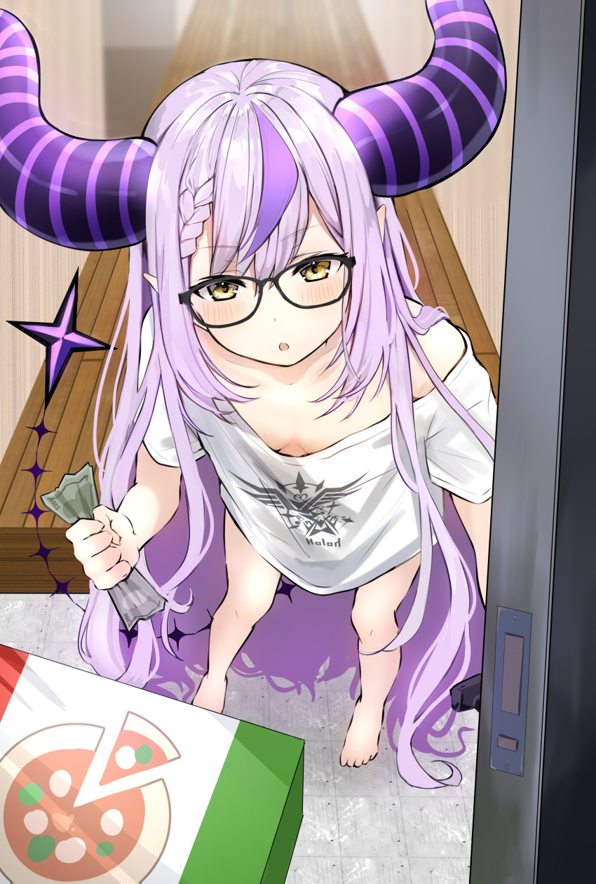 1girl absurdres banknote bare_legs barefoot black_horns blush braid braided_bangs breasts cleavage clenched_hands demon_girl demon_horns glasses grey_hair hair_between_eyes highres hololive holox horns indoors la+_darknesss long_hair looking_at_viewer money multicolored_hair nikumega off-shoulder_shirt off_shoulder open_door open_mouth pizza_box pointy_ears purple_hair purple_horns shirt solo streaked_hair striped_horns tail very_long_hair virtual_youtuber white_shirt yellow_eyes