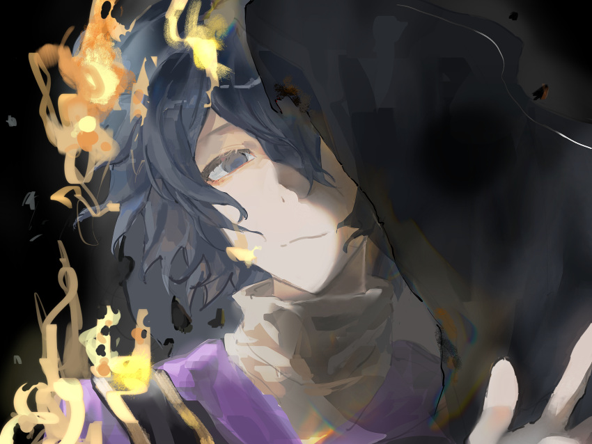 1boy blue_eyes blue_hair burning closed_mouth fire hair_between_eyes highres jacket male_focus purple_jacket ruantangjuner saibou_shinkyoku shirt short_hair sketch smile solo stole utsugi_noriyuki white_shirt