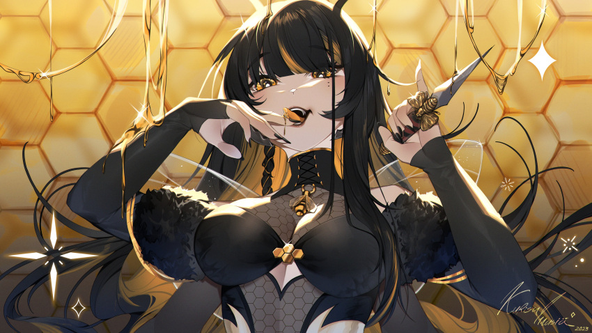 1girl absurdres beehive black_dress black_hair black_nails breasts commission dress highres holding holding_knife honey indie_virtual_youtuber kisabee knife kurisuillu large_breasts licking licking_finger long_hair long_sleeves looking_at_viewer open_mouth smile solo tongue tongue_out upper_body virtual_youtuber yellow_eyes