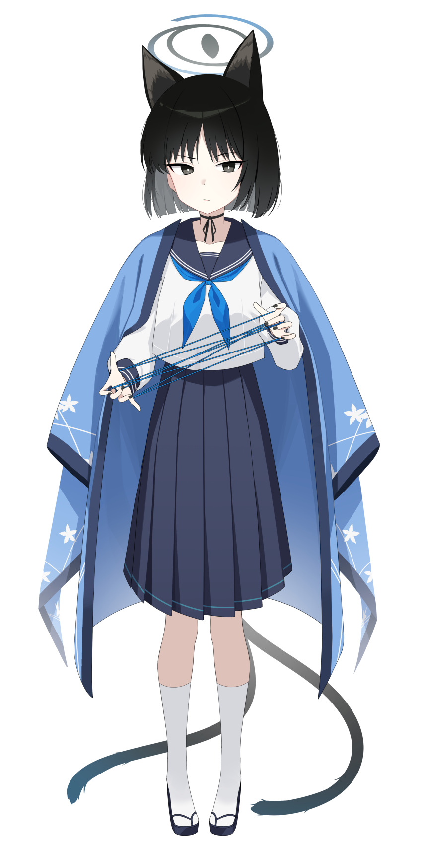 1girl absurdres animal_ears black_eyes black_hair black_sailor_collar black_skirt blue_archive blue_halo blue_neckerchief cat's_cradle cat_ears cat_tail closed_mouth commentary flip-flops full_body h9_99999 halo haori highres japanese_clothes kikyou_(blue_archive) long_sleeves looking_at_viewer multiple_tails neckerchief pleated_skirt sailor_collar sandals school_uniform serafuku short_hair simple_background skirt socks solo symbol-only_commentary tachi-e tail two_tails white_background white_socks