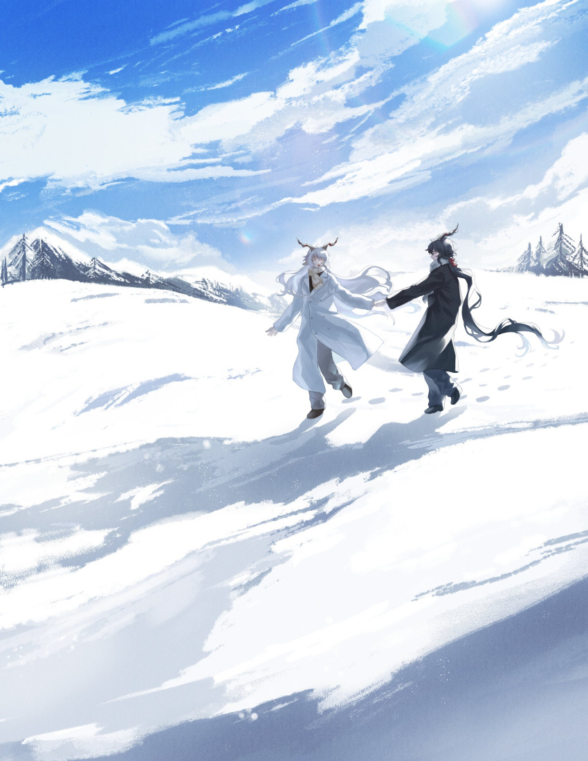 2boys absurdres animal_ears arknights bare_tree black_footwear black_hair black_pants blue_sky boots brown_footwear closed_eyes cloud ebenholz_(arknights) footprints full_body goat_boy goat_ears goat_horns hand_grab highres horns kreide_(arknights) long_hair male_focus multiple_boys open_mouth outdoors pants purple_eyes rio_(rio773) scarf sky smile snow snowscape tree very_long_hair white_hair white_pants white_scarf yaoi yellow_scarf