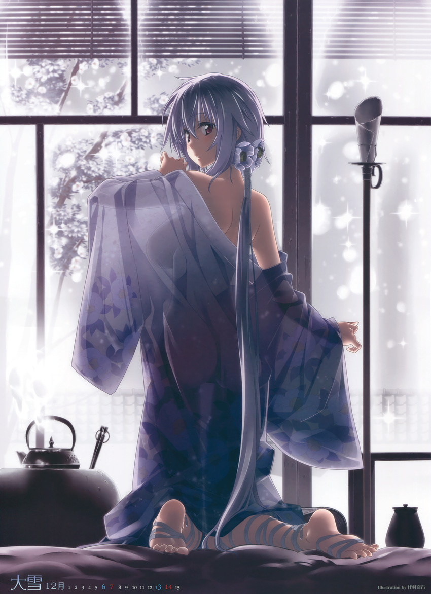 absurdres ass back bare_shoulders barefoot blush breasts calendar_(medium) december flower from_behind hair_between_eyes hair_flower hair_ornament hanamakura highres himura_kiseki huge_filesize indoors japanese_clothes kettle kimono kneeling large_breasts lavender_hair long_hair looking_back low_ponytail off_shoulder open_clothes open_kimono parted_lips purple_eyes ribbon scan see-through see-through_silhouette shirotsubaki sideboob soles solo steam toes very_long_hair yukata