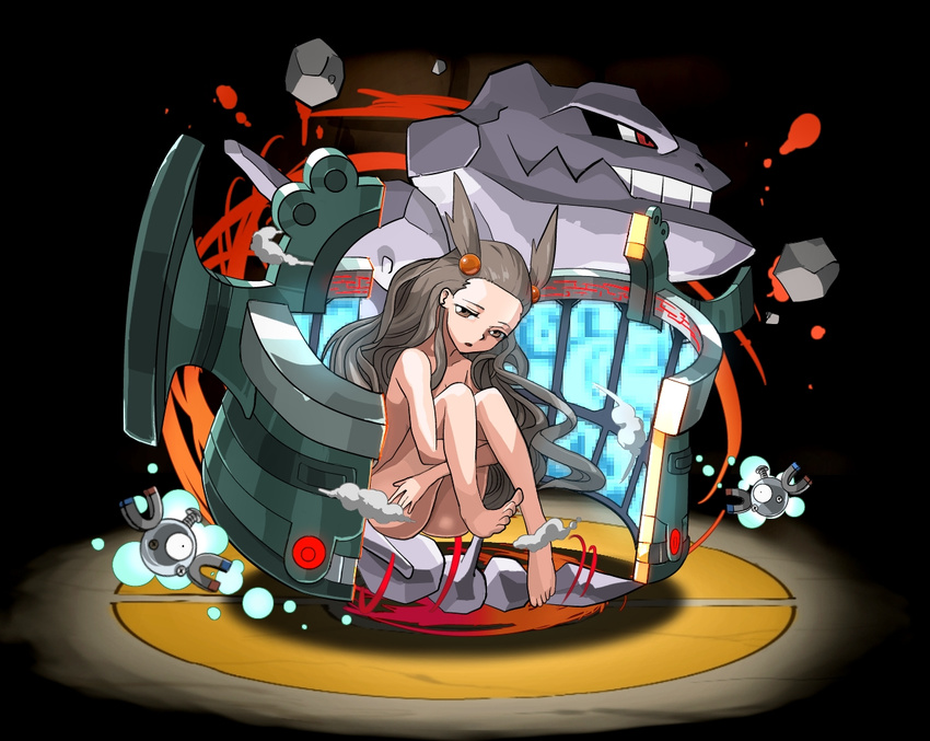 1girl barefoot black_background bronzong brown_eyes cosmo_(465lilia) cosmo_(pixiv12140406) gym_leader hair_ornament long_hair magnemite mikan_(pokemon) nude pokemon pokemon_(creature) pokemon_(game) pokemon_gsc pokemon_hgss puzzle_and_dragons silver_hair sitting steelix tagme twintails
