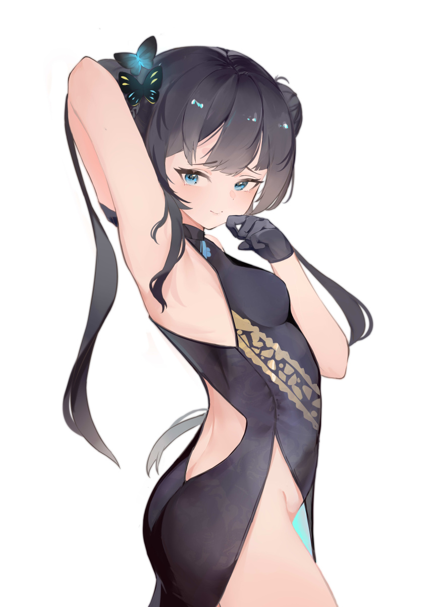 1girl absurdres arm_behind_head arm_up armpits back_cutout black_dress black_gloves black_hair blue_archive blue_eyes breasts butterfly_hair_ornament china_dress chinese_clothes closed_mouth clothing_cutout commentary dress from_side frown gloves hair_ornament halo hand_up highres kisaki_(blue_archive) long_hair looking_at_viewer no_panties side_slit simple_background small_breasts solo white_background yinglemao
