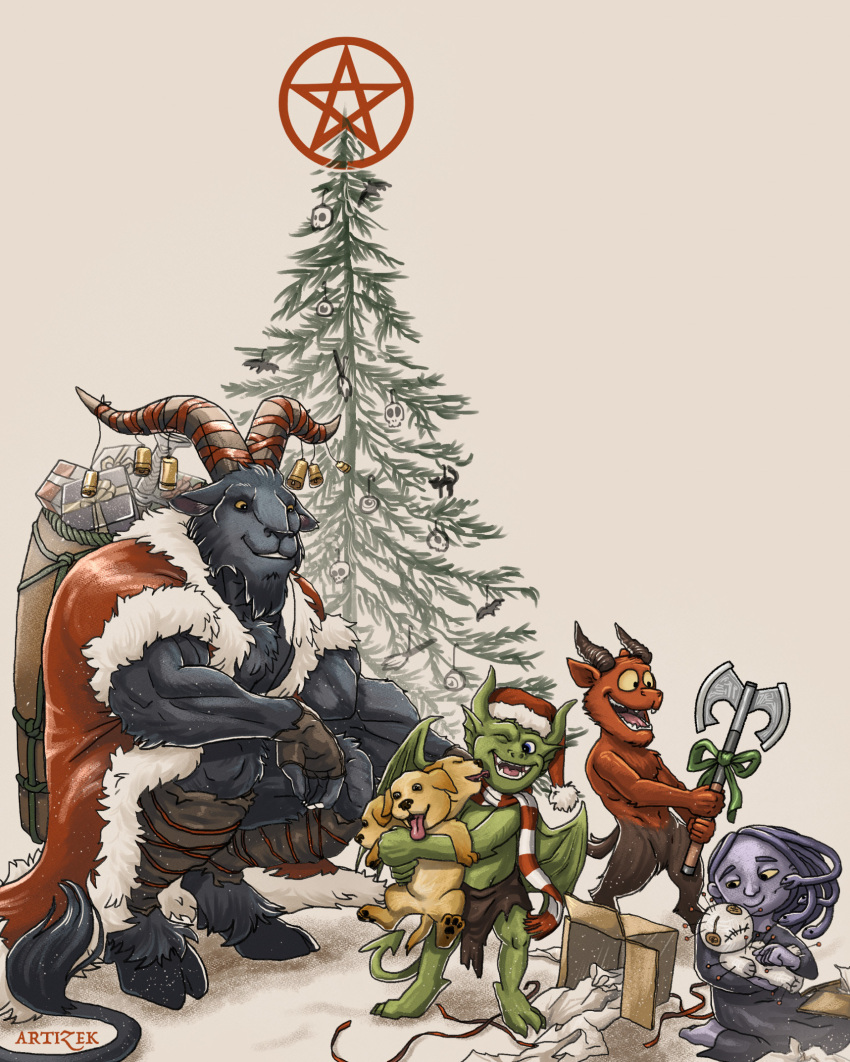 2023 anthro artizek axe bag battle_axe bell bottomwear bovid box canid canine canis caprine caprine_demon cerberus child christmas christmas_clothing christmas_decorations christmas_headwear christmas_ornament christmas_present christmas_tree clothed clothing coat container costume crouching demon demon_humanoid doll domestic_dog european_mythology female feral fingerless_gloves fur gift gloves greek_mythology grey_background group handwear hat headgear headwear hi_res holding_object holidays hooves horn humanoid imp krampus leg_wrap living_hair loincloth male mammal medusa melee_weapon multi_head muscular muscular_anthro muscular_male mythology open_mouth open_smile pentagram plant pseudo_hair reptile ribbons santa_costume santa_hat scalie scarf signature simple_background smile snake snake_hair standing star tongue tongue_out topwear tree tuft weapon wings young