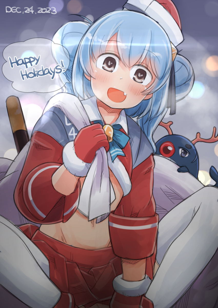 1girl :d blue_hair brown_eyes commentary_request cropped_shirt double_bun english_text enjaku_izuku fang fur-trimmed_gloves fur_trim gloves hair_bun highres kantai_collection long_sleeves looking_at_viewer miniskirt open_mouth pleated_skirt red_gloves red_headwear red_shirt red_skirt samuel_b._roberts_(kancolle) santa_costume shirt sitting skirt smile solo speech_bubble spread_legs thighhighs white_thighhighs