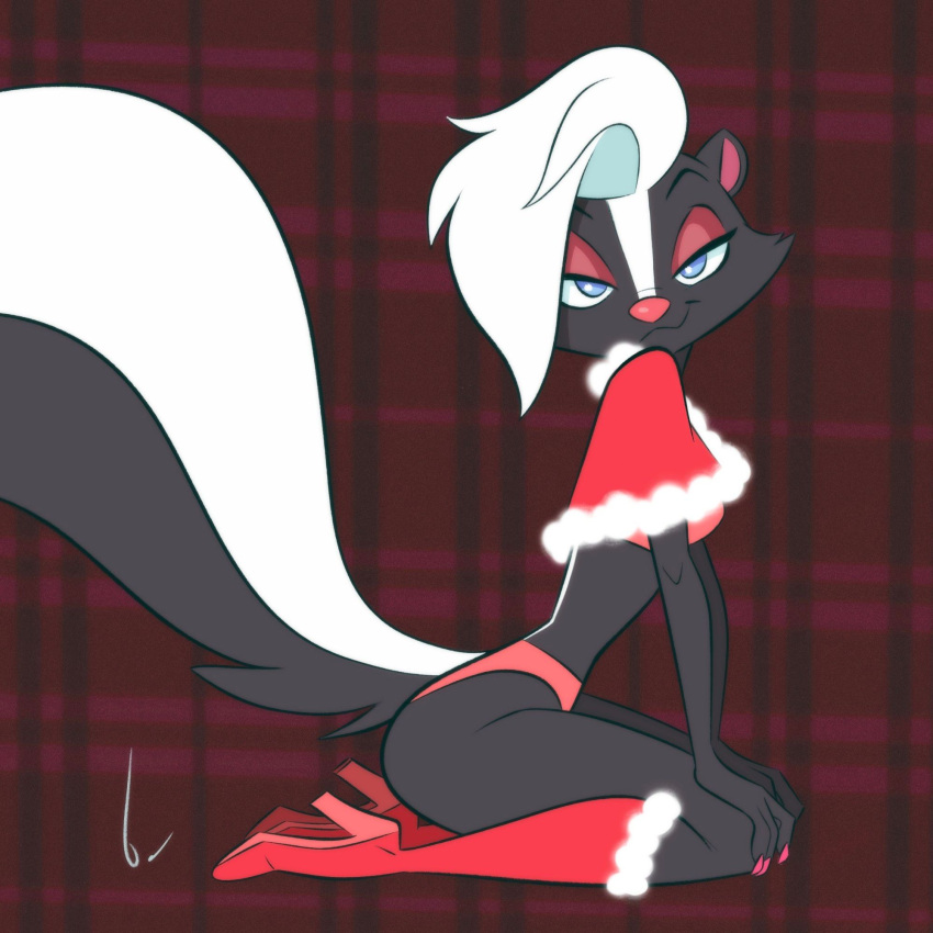 1:1 2023 anthro bent_legs birchly black_and_white_fur blue_eyes boots bra christmas christmas_clothing claws cloak clothing courtney_brushmarke digital_drawing_(artwork) digital_media_(artwork) eyebrows eyeshadow female finger_claws fluffy fluffy_tail footwear fur hair hair_over_eye hi_res high_heeled_boots high_heels holidays looking_at_viewer makeup mammal mephitid multicolored_body multicolored_fur narrowed_eyes on_ground one_eye_obstructed panties pattern_background pink_claws pink_nose pinup plaid plaid_background pose raised_eyebrows red_bra red_clothing red_eyeshadow red_panties red_underwear side_view signature simple_background skunk smile smiling_at_viewer solo tail two_tone_body two_tone_fur two_tone_tail underwear white_hair