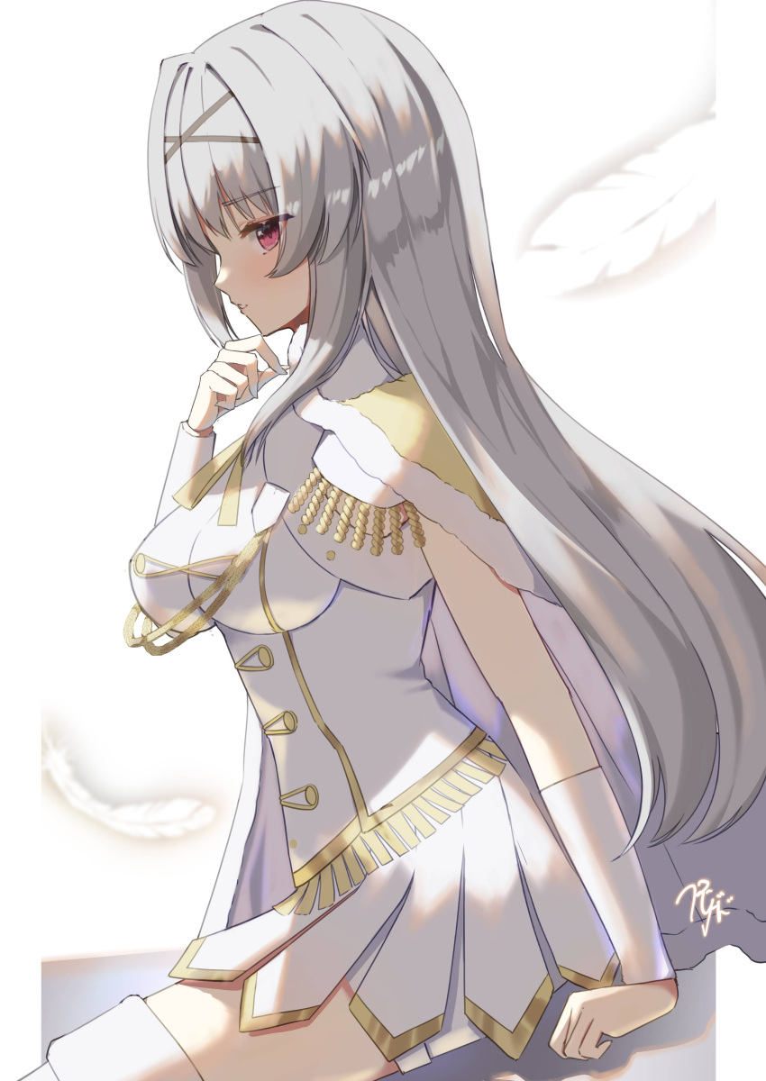 1girl absurdres arm_at_side breasts capelet cowboy_shot detached_sleeves falling_feathers fringe_trim from_side fur-trimmed_capelet fur_trim gold_trim grey_hair hair_intakes hand_on_own_chin hand_up highres idoly_pride large_breasts long_hair looking_at_viewer pillarboxed pleated_skirt profile red_eyes rj_edward_(artist) shirt short_sleeves sideways_glance signature simple_background sitting skirt solo straight_hair tendou_rui thighhighs thighs white_background white_shirt white_skirt white_sleeves white_thighhighs yellow_capelet zettai_ryouiki