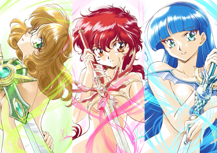 3girls absurdres blue_hair breasts brown_hair cleavage hairband highres holding holding_sword holding_weapon hououji_fuu looking_at_viewer magic_knight_rayearth multiple_girls nude red_hair ryuuzaki_umi shindou_hikaru sword weapon yoshinaga_masahiro