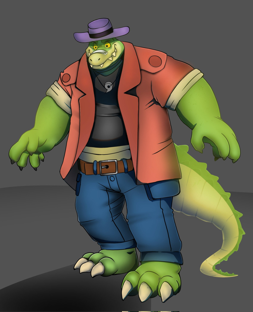 2023 3_toes 4_fingers alligator alligatorid anthro biped bottomwear brok_(character) brok_the_investigator clothing crocodilian feet fingers gin_0010 green_body hat headgear headwear hi_res pants reptile scalie shirt simple_background solo toes topwear