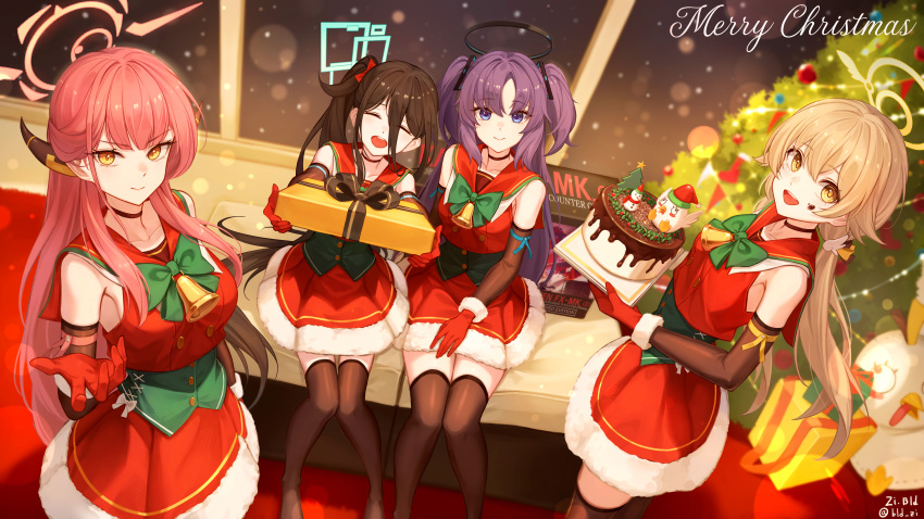 4girls absurdres aris_(blue_archive) aru_(blue_archive) bell black_hair black_thighhighs bld_zi blue_archive blue_eyes box breasts brown_horns christmas christmas_tree closed_mouth demon_horns gift gift_box gloves green_halo halo hifumi_(blue_archive) highres holding holding_gift horns indoors large_breasts light_brown_hair long_hair looking_at_viewer low_twintails mechanical_halo medium_breasts multiple_girls open_mouth pink_hair pink_halo purple_eyes purple_hair red_gloves signature sitting small_breasts smile thighhighs twintails twitter_username two_side_up yellow_eyes yellow_halo yuuka_(blue_archive)