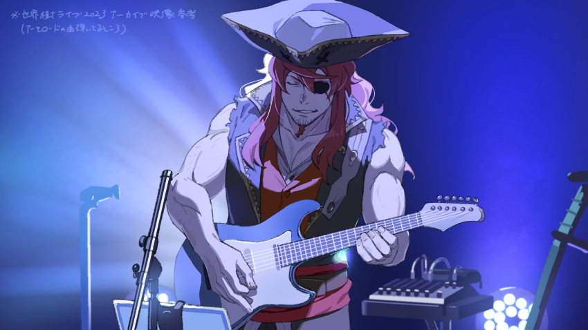 1boy bare_arms braid braided_beard closed_mouth electric_guitar eyepatch facial_hair grin guitar hat highres indoors instrument light long_hair male_focus muscular muscular_male music music_stand mya-zawa pectoral_cleavage pectorals pirate_(sekaiju) pirate_1_(sekaiju) pirate_hat playing_instrument red_hair sekaiju_no_meikyuu sekaiju_no_meikyuu_3 sleeveless smile solo upper_body