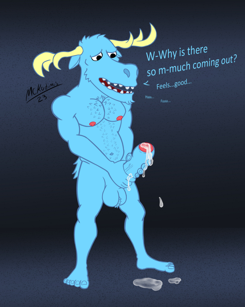 4:5 absurd_res anthro antlers ball_tuft balls big_penis blue_body blue_fur bodily_fluids body_hair chest_hair cum deer dialogue ejaculation foreskin fur genital_fluids genitals happy_tree_friends hi_res horn lumpy_(htf) male mammal masturbation mckodimus moose new_world_deer penis solo tuft