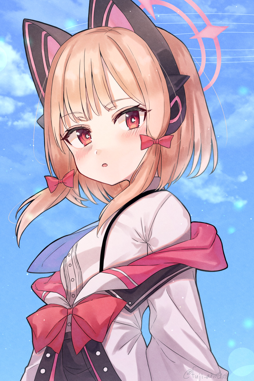 1girl absurdres animal_ear_headphones animal_ears artist_name black_skirt blonde_hair blue_archive blue_necktie blue_sky blush bow cat_ear_headphones cloud cloudy_sky fake_animal_ears hair_bow halo headphones highres jacket katsukare long_sleeves looking_at_viewer momoi_(blue_archive) necktie off_shoulder open_mouth pink_eyes pink_halo pleated_skirt red_bow shirt short_hair sidelocks skirt sky solo suspenders two-sided_fabric two-sided_jacket upper_body white_jacket white_shirt