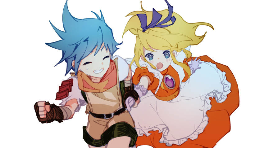 1boy 1girl absurdres althea_jade blonde_hair blue_eyes blue_hair breath_of_fire breath_of_fire_iii dress elbow_gloves fingerless_gloves gloves highres long_hair looking_at_viewer nina_(breath_of_fire_iii) open_mouth puffy_sleeves ryuu_(breath_of_fire_iii) short_hair simple_background smile white_background