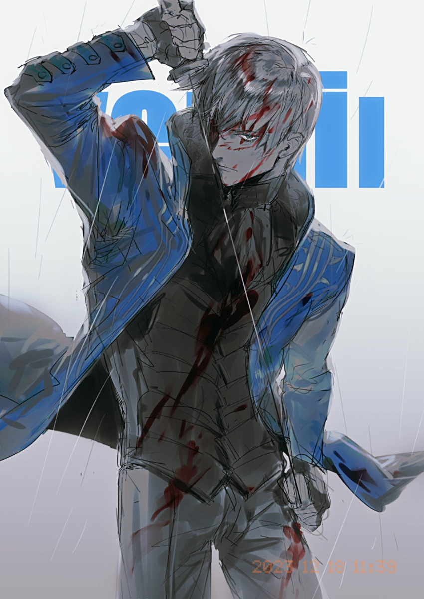 1boy aaaaaa855862 black_gloves blood blood_on_clothes blood_on_face blue_coat blue_eyes closed_mouth coat devil_may_cry_(series) devil_may_cry_3 fingerless_gloves gloves highres holding holding_sword holding_weapon katana male_focus solo sword vergil_(devil_may_cry) weapon white_hair yamato_(sword)