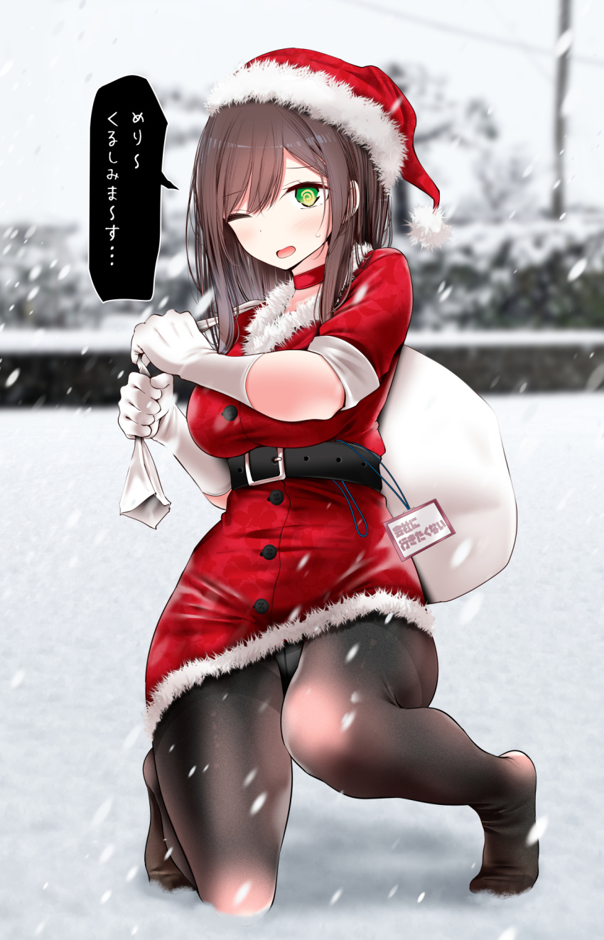 1girl @_@ belt black_belt black_pantyhose choker christmas day dress gloves green_eyes hat highres holding holding_sack long_hair looking_at_viewer no_shoes ol-chan_(oouso) one_eye_closed oouso open_mouth original outdoors panties panties_under_pantyhose pantyhose red_choker red_dress sack santa_dress santa_hat short_sleeves snow solo speech_bubble sweatdrop translated underwear white_gloves