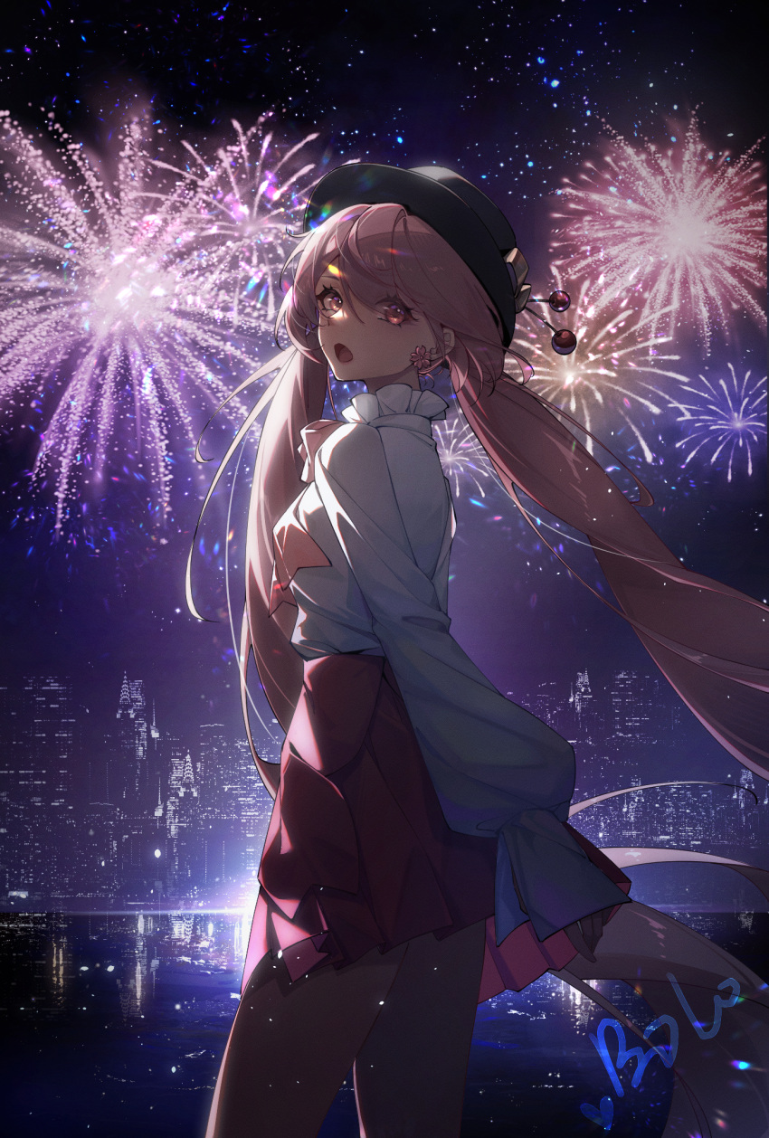 1girl city city_lights cityscape fireworks frills hat highres long_hair long_sleeves looking_at_viewer low_twintails open_mouth original pink_eyes pink_hair pink_skirt skirt skyline solo twintails user_mwzd5355 very_long_hair