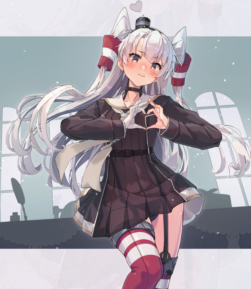 1girl absurdres amatsukaze_(kancolle) amatsukaze_kai_ni_(kancolle) black_dress black_panties blush breasts brown_eyes commentary cowboy_shot dress garter_straps gloves grey_hair hair_tubes heart heart_hands highres himeyamato kantai_collection long_hair looking_at_viewer panties red_thighhighs sailor_collar sailor_dress see-through single_glove smokestack_hair_ornament solo thighhighs two_side_up underwear white_gloves white_sailor_collar