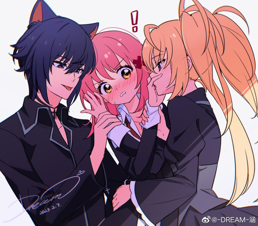 ! 1boy 2girls animal_ears bisexual_female black_choker black_dress black_jacket black_sleeves blonde_hair blue_hair blush brother_and_sister cat_boy cat_ears chinese_commentary choker clenched_teeth collarbone collared_jacket collared_shirt commentary_request cross cross_choker crossed_arms dated dream_han dress eyelashes frilled_sleeves frills frown full-face_blush hair_ornament hand_on_another's_face high_collar highres hinamori_amu holding_another's_wrist hoshina_utau jacket juliet_sleeves licking_another's_hand long_sleeves multiple_girls necktie pink_hair puffy_sleeves purple_eyes red_necktie school_uniform seiyo_academy_school_uniform shirt short_hair shugo_chara! siblings signature simple_background sweat teeth tsukiyomi_ikuto twintails upper_body watermark weibo_logo weibo_username white_background white_shirt wide_sleeves x_hair_ornament yellow_eyes