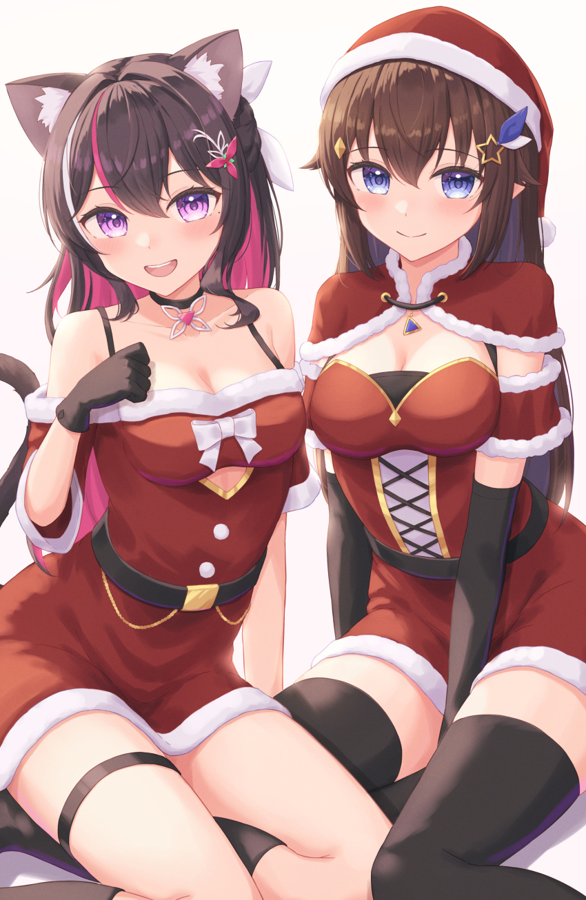 2girls :d absurdres animal_ears azki_(hololive) belt black_belt black_choker black_dress black_gloves black_hair black_thighhighs blush blush_stickers breasts brown_eyes brown_hair capelet cat_ears cat_girl cat_tail choker christmas cleavage closed_mouth colored_inner_hair cutout_above_navel detached_sleeves double-parted_bangs dress duplicate elbow_gloves fur-trimmed_capelet fur-trimmed_sleeves fur_trim gloves hair_between_eyes hair_ornament hairclip half_updo hat highres hololive looking_at_viewer medium_breasts mole mole_under_eye multicolored_hair multiple_girls off-shoulder_dress off_shoulder open_mouth pink_hair pixel-perfect_duplicate purple_eyes red_capelet red_dress santa_costume santa_dress santa_hat short_sleeves smile star_(symbol) star_hair_ornament tail thighhighs tokino_sora two_side_up typho virtual_youtuber zettai_ryouiki