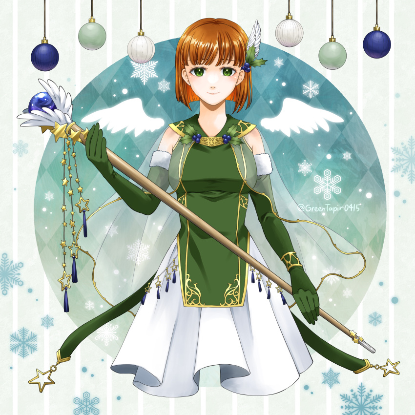 1girl absurdres alternate_hair_color argyle argyle_background brown_hair closed_mouth commentary_request dress elbow_gloves fire_emblem fire_emblem:_the_blazing_blade gloves green_background green_dress green_eyes hair_wings highres holding holding_staff midori_no_baku priscilla_(fire_emblem) short_hair sleeveless sleeveless_dress smile solo staff striped striped_background upper_body