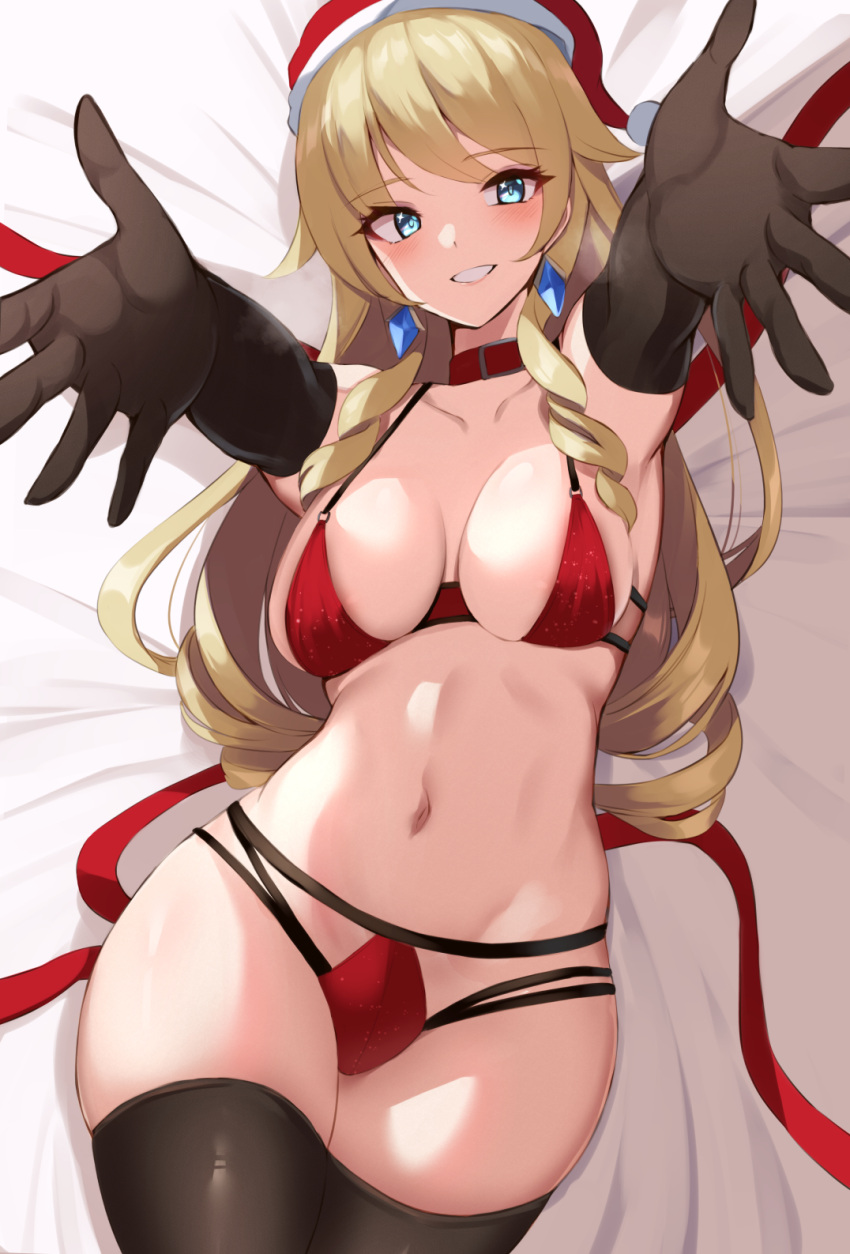 1girl bed_sheet bikini black_gloves black_thighhighs blonde_hair blue_eyes breasts breasts_apart commentary_request dangle_earrings drill_hair drill_sidelocks earrings elbow_gloves fur-trimmed_headwear fur_trim genshin_impact gloves haneramu hat highres jewelry large_breasts long_hair looking_at_viewer lying multi-strapped_bikini_bottom navel navia_(genshin_impact) on_back outstretched_arms reaching reaching_towards_viewer red_bikini red_headwear red_ribbon ribbon santa_bikini santa_hat sidelocks smile solo swimsuit thighhighs