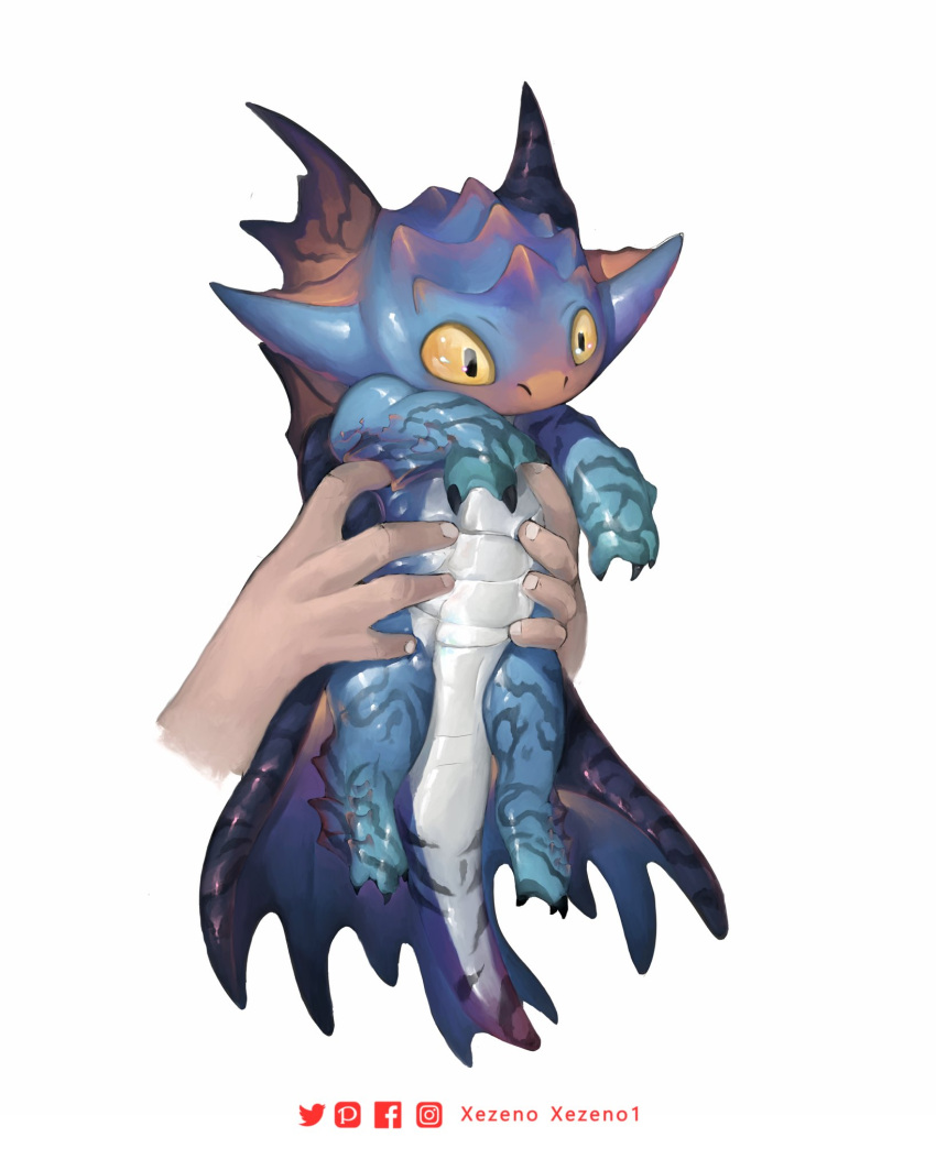 1other animal blue_scales chibi claws colored_skin dragon facebook_logo fins highres holding holding_animal horns monster_hunter:_world monster_hunter_(series) multicolored_skin namielle pixiv_logo simple_background spikes striped tail twitter_logo twitter_username webbing white_background wings xezeno yellow_eyes