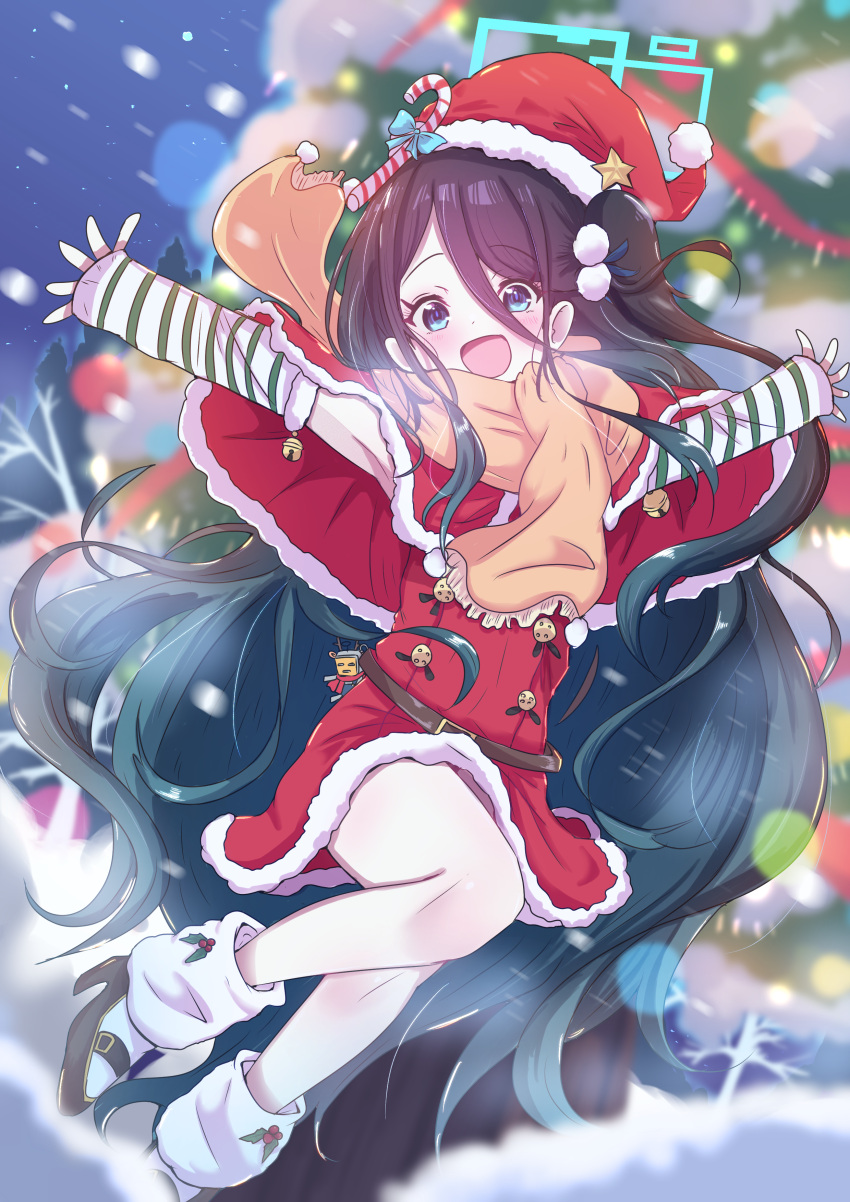 1girl absurdly_long_hair absurdres aris_(blue_archive) black_hair blue_archive blue_eyes blush christmas giorgio_(yo_sumire_sola1) green_halo halo hat highres long_hair looking_at_viewer open_mouth santa_costume santa_hat smile solo very_long_hair