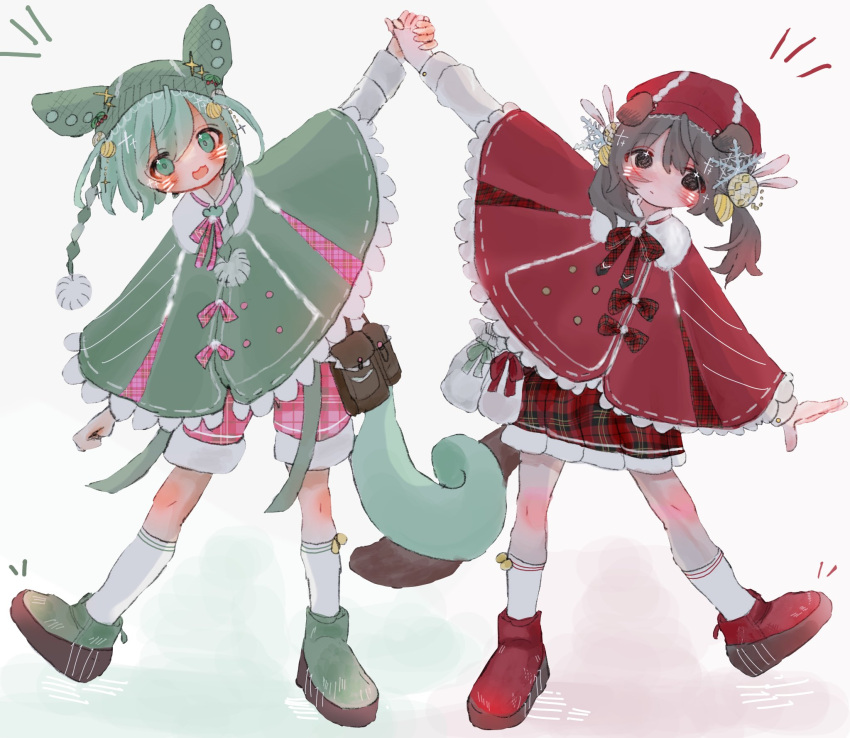 2girls :3 alternate_costume animal_ear_headwear arm_up beanie black_eyes black_hair blush closed_mouth commentary_request drawn_whiskers expressionless full_body green_eyes green_footwear green_hair green_poncho hat headwear_request highres holding_hands kaai_yuki kneehighs kyuso255 leaning_to_the_side long_hair long_sleeves low_ponytail low_twintails matching_outfits multiple_girls neck_ribbon notice_lines open_mouth pink_shorts plaid plaid_ribbon plaid_shorts plaid_skirt platform_footwear poncho red_footwear red_poncho red_skirt ribbon shoes shorts simple_background skirt smile socks standing standing_on_one_leg twintails very_long_hair vocaloid voiceroid voicevox white_background white_socks zundamon