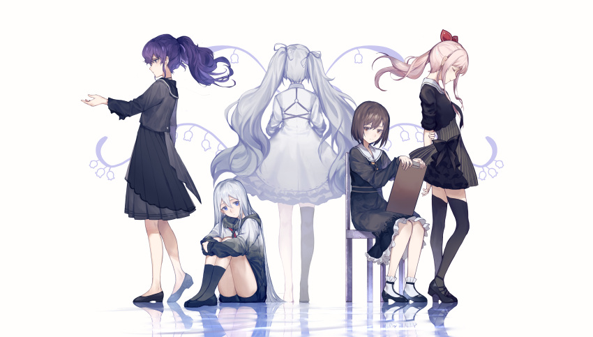 1other 25-ji_miku 25-ji_nightcord_de._(project_sekai) 4girls absurdres akiyama_mizuki asahina_mafuyu black_footwear black_shirt black_skirt black_socks blue_eyes brown_hair clipboard closed_eyes commentary_request full_body grey_hair grey_sailor_collar grey_shirt hand_up hatsune_miku high_heels highres holding holding_clipboard hugging_own_legs kneehighs long_hair medium_hair multiple_girls outstretched_hand pink_hair profile project_sekai purple_eyes purple_hair reflection ripples sailor_collar shinonome_ena shirt short_hair side_ponytail sidelocks simple_background skirt socks thighhighs twintails wb_yimo white_background white_hair white_sailor_collar white_socks yoisaki_kanade