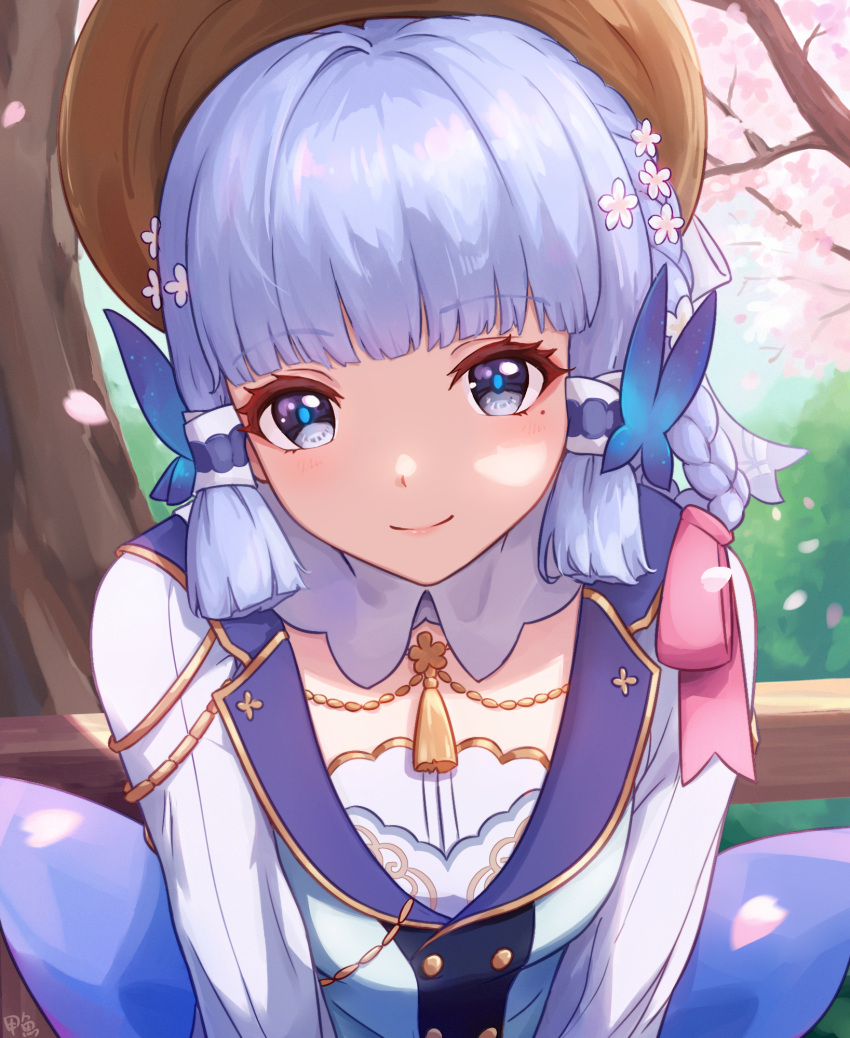 1girl back_bow bench blue_bow blue_dress blue_eyes blue_hair blunt_bangs bow braid brown_headwear butterfly_hair_ornament cherry_blossoms closed_mouth collar commentary_request dress facing_viewer genshin_impact hair_ornament hair_up highres jiayv kamisato_ayaka kamisato_ayaka_(springbloom_missive) light_blue_hair long_sleeves mole mole_under_eye official_alternate_costume official_alternate_hairstyle smile solo upper_body white_collar