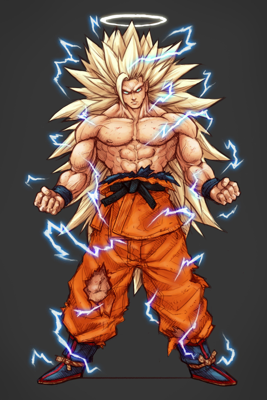 1boy abs absurdres aura blonde_hair boots clenched_hand closed_mouth collarbone dougi dragon_ball dragon_ball_z facing_viewer full_body furrowed_brow green_eyes guillem_dauden halo highres large_pectorals lightning long_hair male_focus muscular muscular_male no_eyebrows orange_pants pants pectorals sash solo son_goku spiked_hair super_saiyan super_saiyan_3 topless_male torn_clothes torn_pants veins very_long_hair