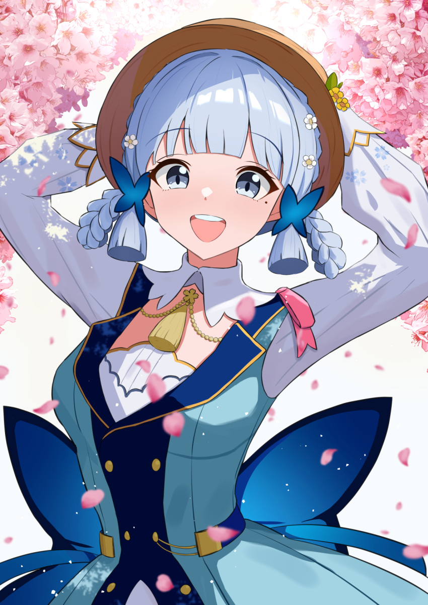 1girl amenocchi arms_up back_bow blue_bow blue_dress blue_eyes blue_hair blunt_bangs bow braid breasts brown_headwear butterfly_hair_ornament cherry_blossoms collar commentary_request dress facing_viewer flower genshin_impact hair_flower hair_ornament hair_up hands_on_headwear highres kamisato_ayaka kamisato_ayaka_(springbloom_missive) light_blue_hair long_sleeves medium_breasts mole mole_under_eye official_alternate_costume official_alternate_hairstyle open_mouth smile solo teeth upper_body upper_teeth_only white_collar white_flower