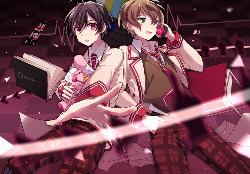 2boys a-ya_(shuuen_no_shiori) ahoge black_hair book bookmark brown_hair brown_sweater button_eyes buttons c-ta cardiogram cellphone checkered_background chevron_(symbol) chinese_commentary collared_shirt colored_eyepatch commentary_request dark_background desk envelope eyepatch feet_out_of_frame floating floating_object foreshortening gradient_background green_eyes hair_between_eyes heart hexagon holding holding_phone holding_stuffed_toy jacket lapels legs_apart long_sleeves looking_at_viewer loose_necktie love_letter male_focus motion_blur multicolored_clothes multicolored_jacket multiple_boys necktie notched_lapels open_book open_clothes open_collar open_jacket open_mouth pants papers phone plaid plaid_pants purple_background rata_(m40929) reaching reaching_towards_viewer red_eyes red_jacket red_necktie red_trim school_desk school_uniform shirt short_hair shuuen_no_shiori_project side-by-side sleeve_cuffs smartphone smile stuffed_animal stuffed_rabbit stuffed_toy sweater talking_on_phone test_card triangle two-tone_jacket v-neck white_shirt yellow_jacket