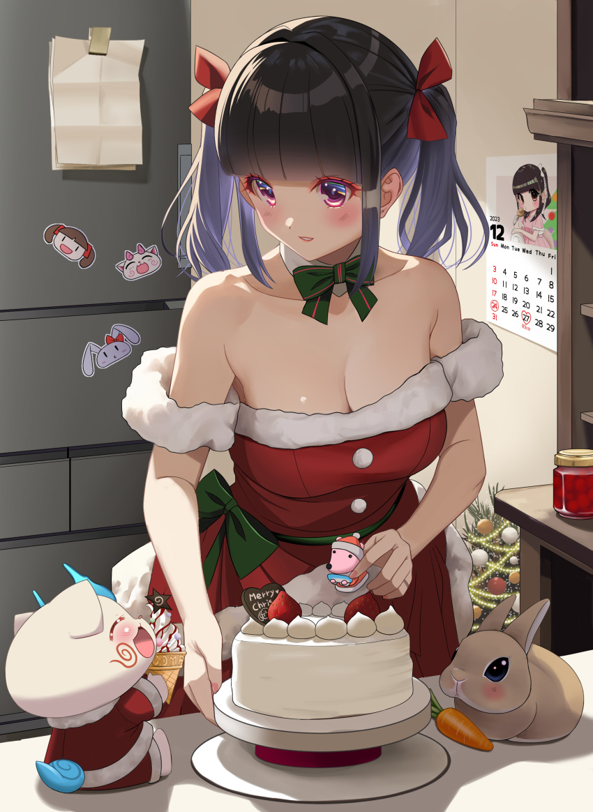 1girl absurdres akihiro0920 black_hair blunt_bangs blush breasts cake calendar_(object) carrot christmas_cake cleavage collarbone commentary_request detached_collar dress food highres indoors jam jar komasan medium_breasts original parted_lips purple_eyes rabbit red_dress santa_dress sidelocks smile solo standing table twintails youkai_watch