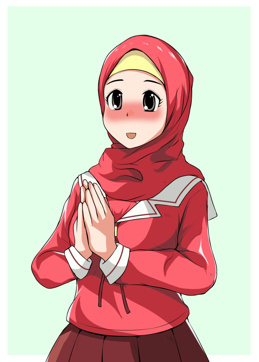 1girl achmad_sjahrir azumanga_daioh azumanga_daioh's_school_uniform brown_eyes highres hijab kasuga_ayumu muslim own_hands_together pink_serafuku pink_shirt pleated_skirt school_uniform serafuku shirt skirt solo