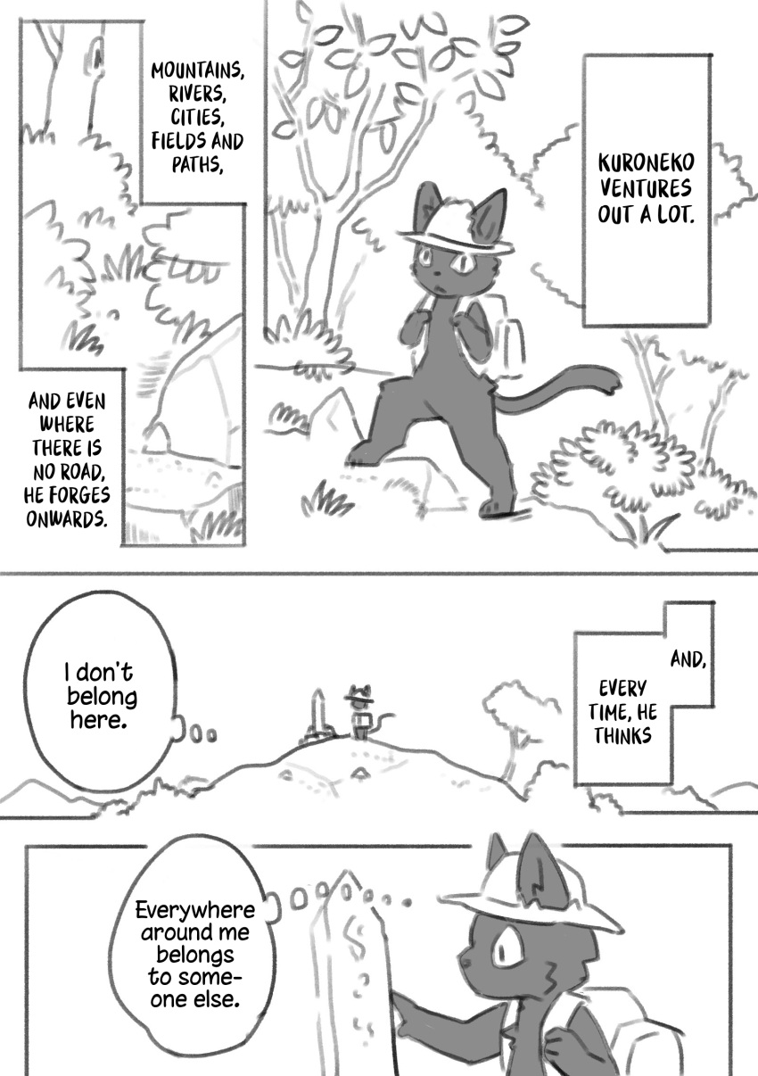 2017 ambiguous_gender anthro comic domestic_cat doukutsunezumi english_text felid feline felis hard_translated hi_res kemono kuroneko_(doukutsunezumi) mammal monochrome text third-party_edit translated translation_edit