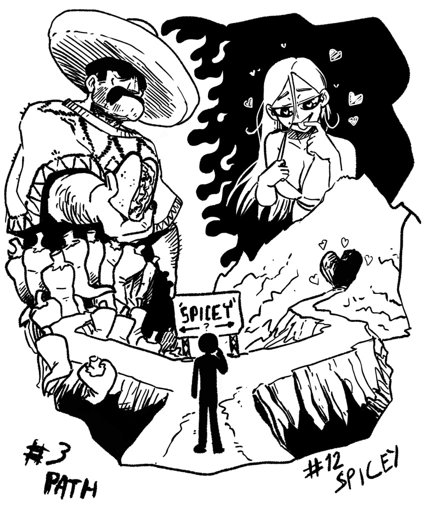 1boy 1girl 1other angelo's_world arm_hair breasts cave chili_pepper cleavage commentary english_commentary fire food greyscale hair_between_eyes hat heart highres holding holding_food inktober long_hair medium_breasts mexican_clothes monochrome mountain naughty_face original poncho shaded_face sign sombrero taco tongue tongue_out