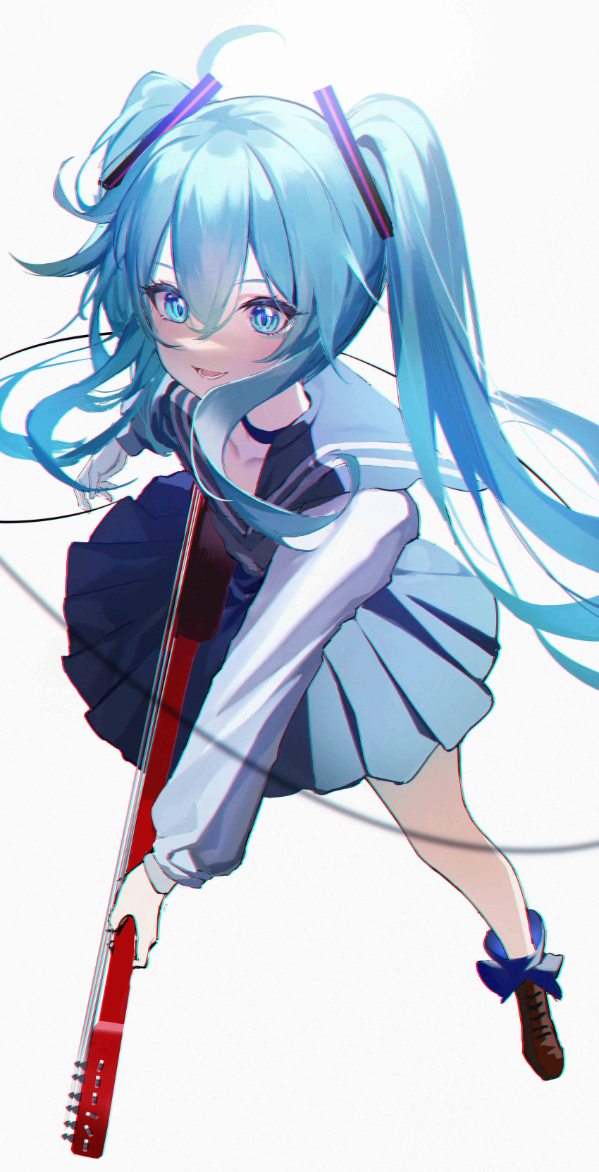 1girl absurdres ahoge alternate_costume aqua_eyes aqua_hair blue_eyes blue_sailor_collar blue_skirt choker commentary electric_guitar guitar hatsune_miku highres instrument long_hair long_sleeves looking_at_viewer miniskirt open_mouth pleated_skirt qingli_green sailor_collar school_uniform simple_background skirt smile solo twintails very_long_hair vocaloid white_background