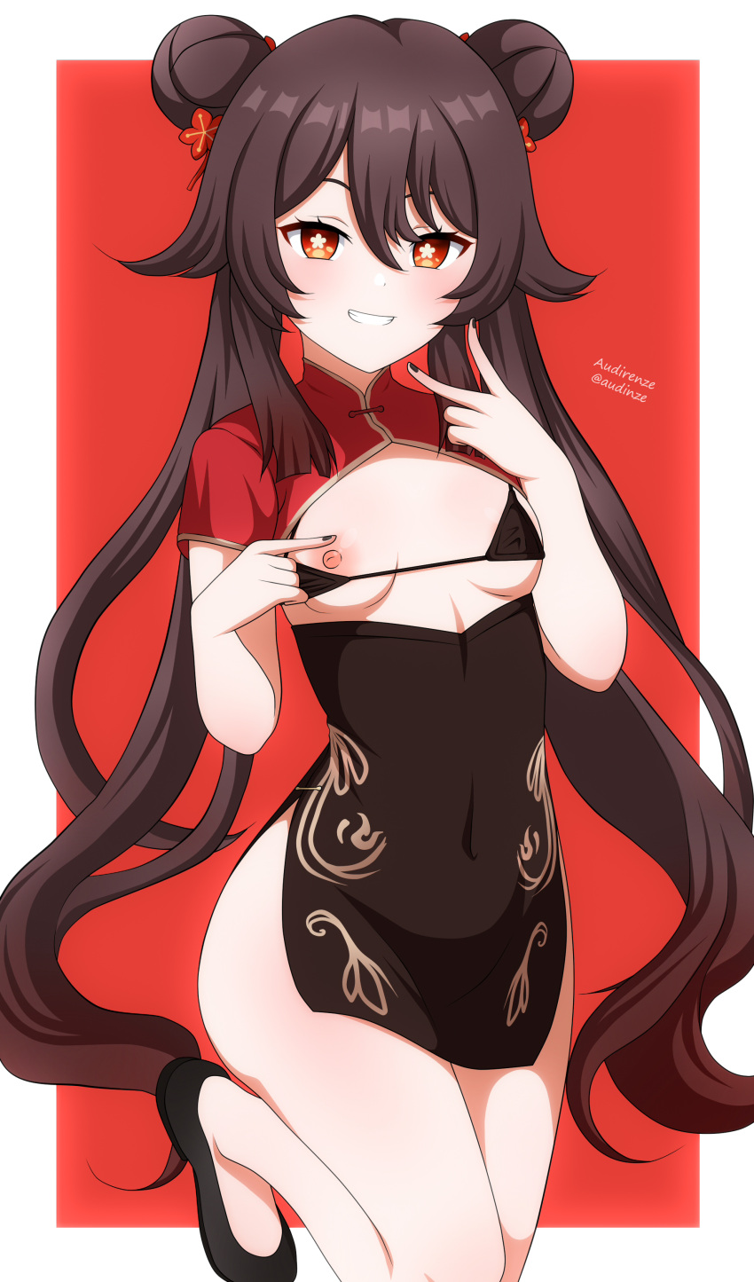 absurdres audirenze bikini bikini_top_only breasts brown_hair china_dress chinese_clothes double_bun dress genshin_impact hair_bun highres hu_tao_(genshin_impact) nail_polish nipples one_breast_out pointing pointing_at_self red_eyes small_breasts swimsuit underboob v