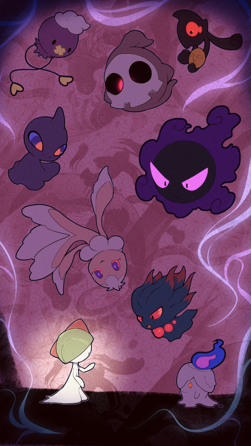 absurdres afuron black_eyes blue_fire closed_mouth commentary_request drifloon duskull fire floating frillish frillish_(female) gastly glowing highres litwick looking_down misdreavus no_humans pokemon pokemon_(creature) ralts red_eyes shuppet solid_oval_eyes yamask