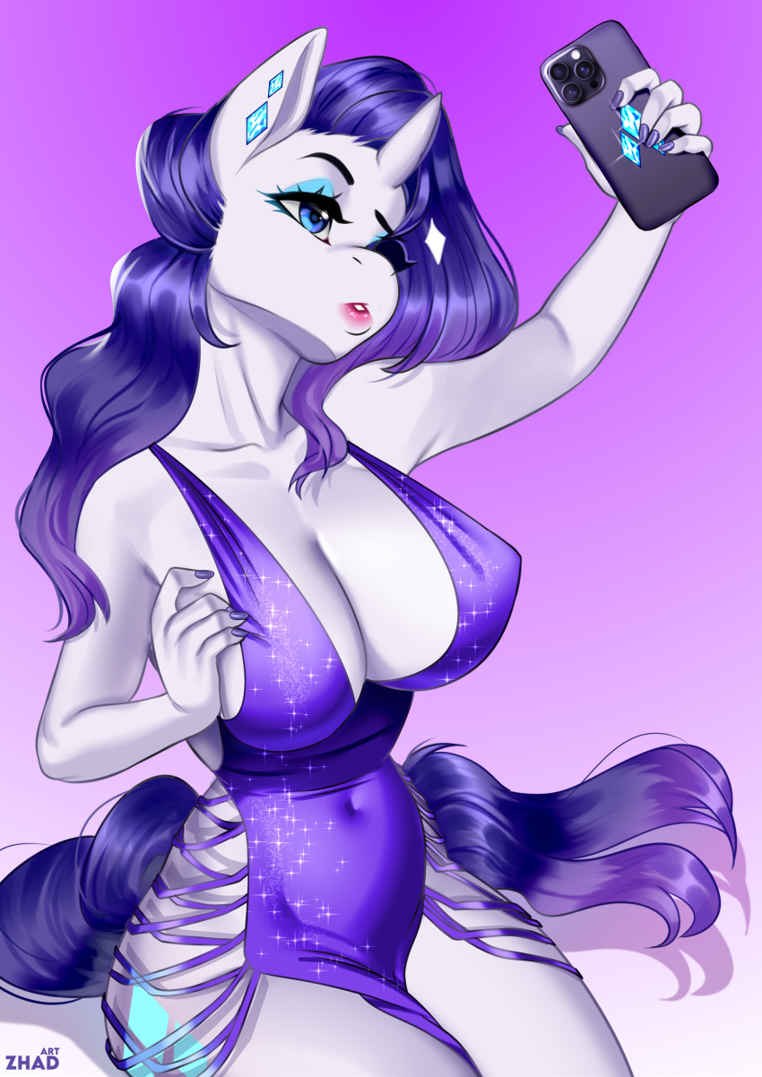 absurd_res anthro bedroom_eyes big_breasts blue_eyes breasts clothed clothing cocktail_dress cutie_mark diamond_(marking) digital_media_(artwork) dress equid equine evening_dress female friendship_is_magic hair hasbro hi_res horn horse huge_breasts jewelry legwear long_hair lush luxury mammal markings my_little_pony narrowed_eyes pinup pony pose purple_hair rarity_(mlp) seductive selfie simple_background solo tail thick_thighs thigh_highs unicorn white_body wide_hips zhadart