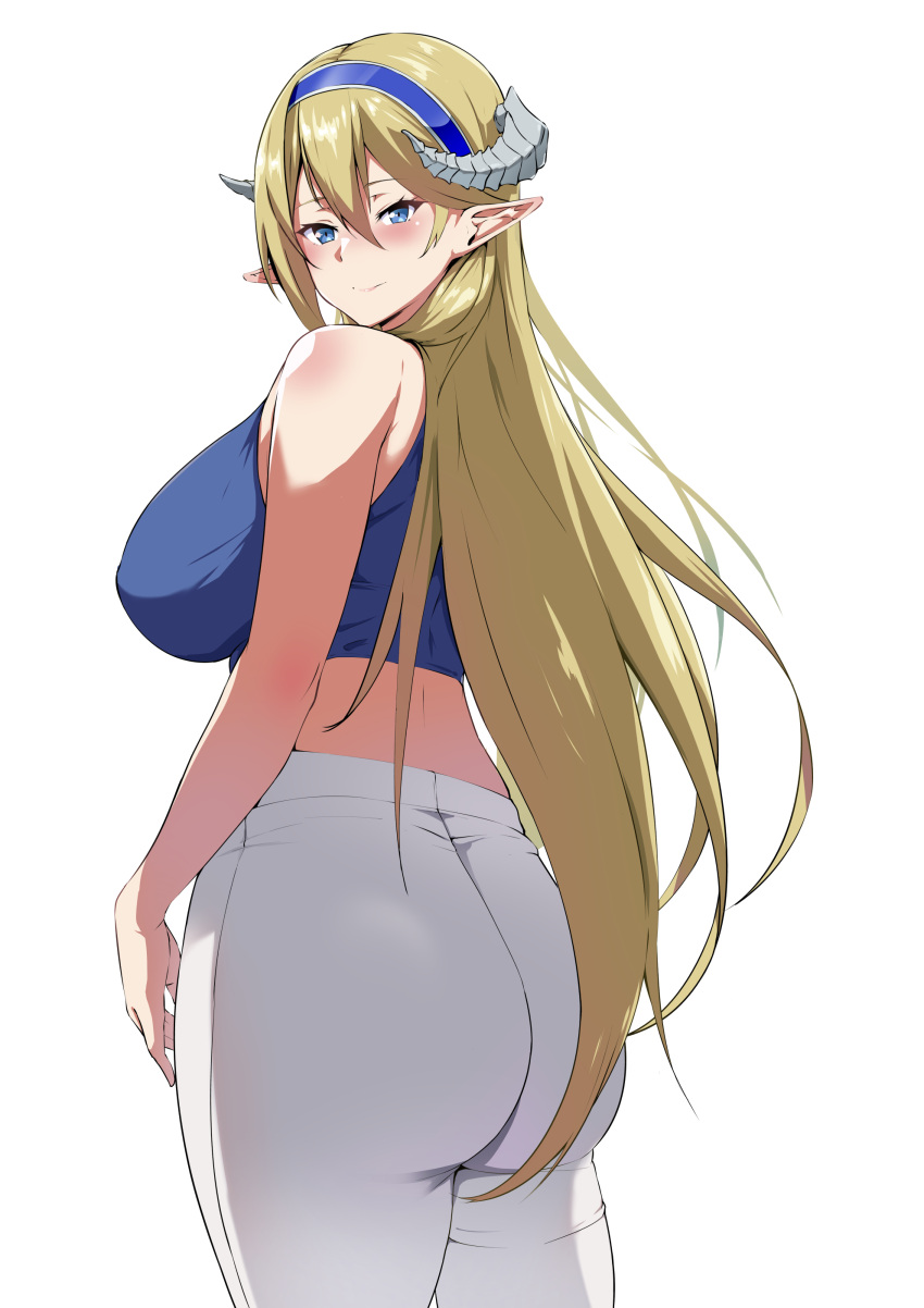 1girl absurdres arknights ass bare_arms bare_shoulders blonde_hair blue_eyes blue_hairband blue_tank_top blush breasts commentary cowboy_shot crop_top hairband highres large_breasts long_hair looking_at_viewer looking_back midriff pants pointy_ears saileach_(arknights) simple_background smile solo standing tank_top very_long_hair white_background white_pants xllam