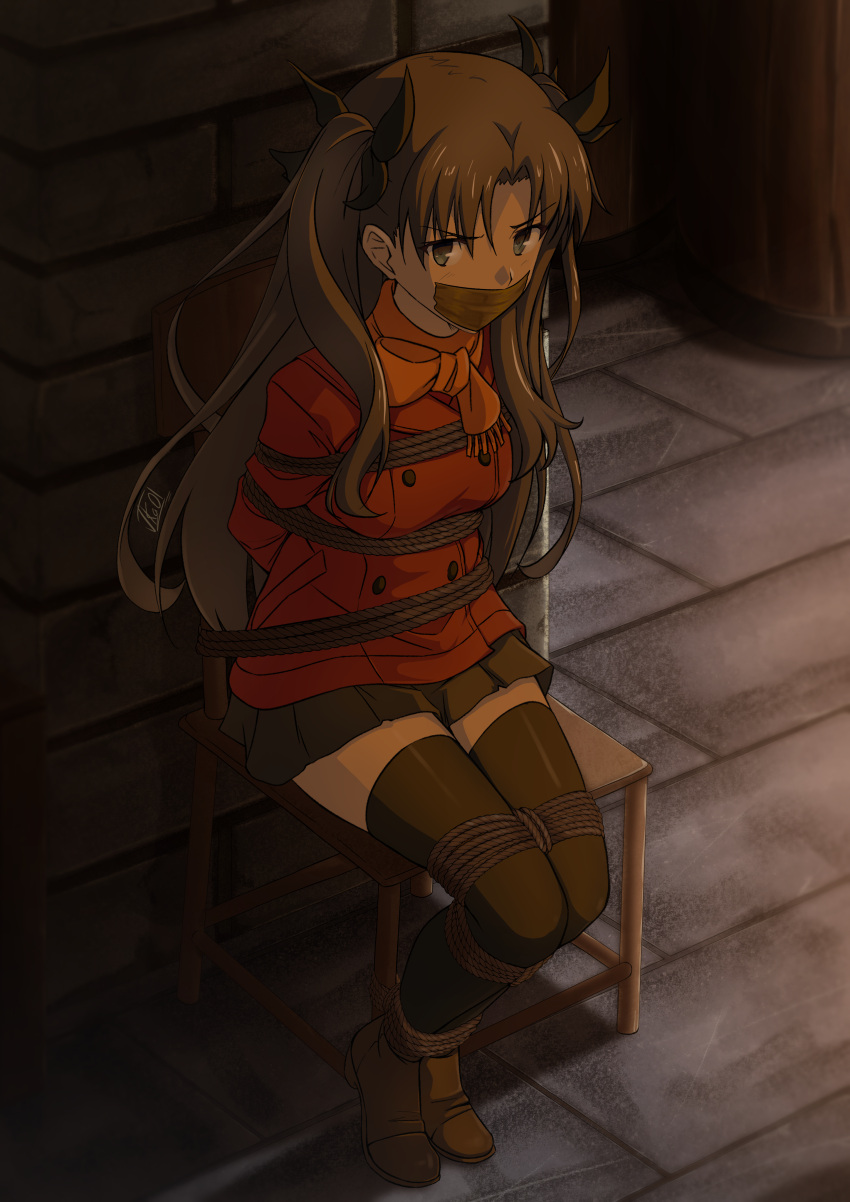 absurdres bdsm black_hair black_thighhighs blue_eyes bondage bound commission fate/stay_night fate_(series) gag hair_ribbon highres improvised_gag jacket long_hair long_legs miniskirt orange_scarf pixiv_commission red_jacket ribbon scarf skirt tape tape_gag thighhighs tied_up_(nonsexual) tohsaka_rin two_side_up unlimited_blade_works_(fate) vakaosciosa zettai_ryouiki