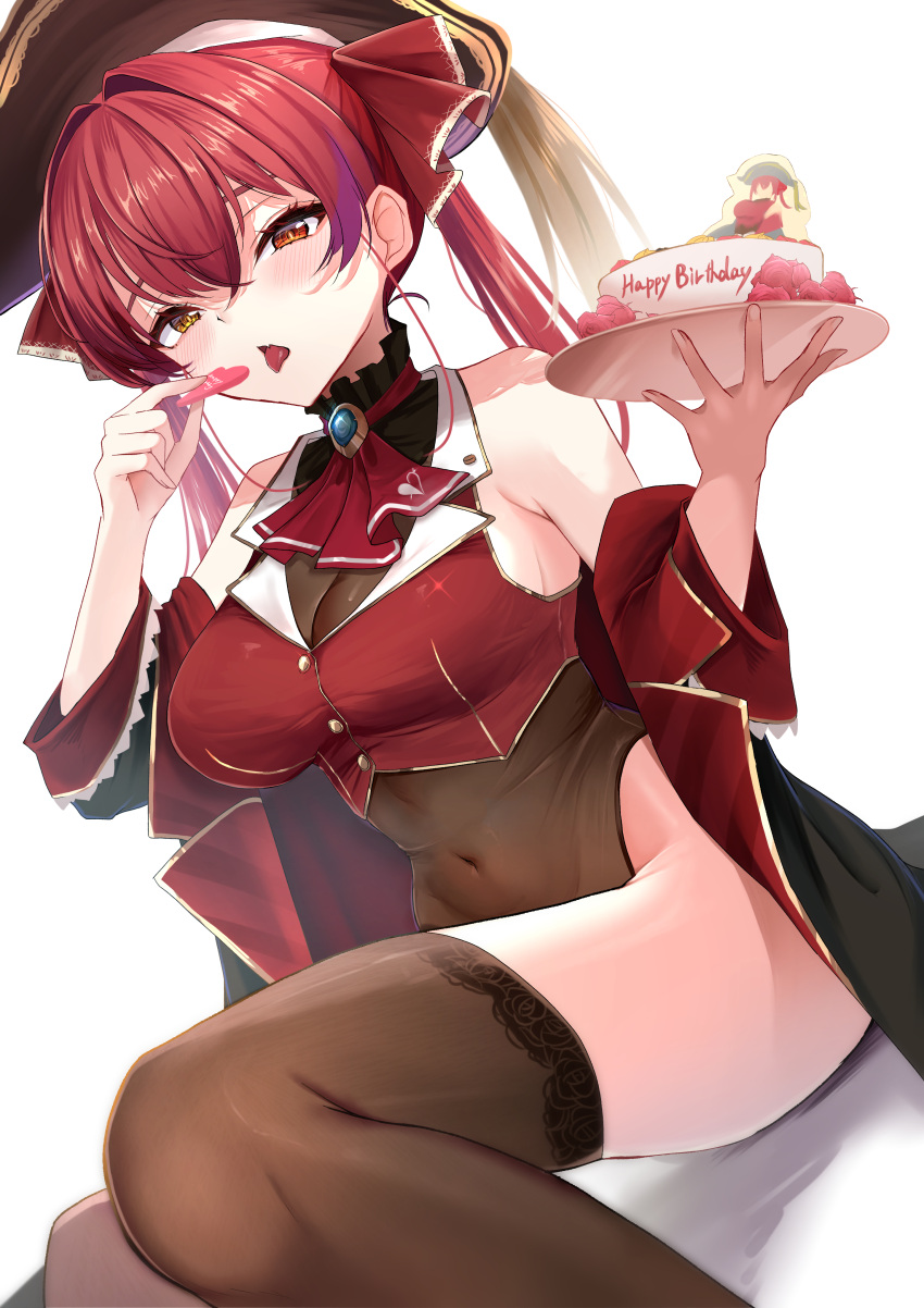 1girl absurdres ascot birthday_cake blush breasts brown_thighhighs cake cake_slice coat cropped_vest eating food gold_trim happy_birthday hat heart heterochromia highres hinoki_kahun0 holding holding_plate hololive houshou_marine houshou_marine_(1st_costume) large_breasts leotard long_hair no_eyepatch off_shoulder pirate_hat plate red_ascot red_eyes red_hair red_vest simple_background sitting solo thighhighs thighs tongue tongue_out twintails vest virtual_youtuber white_background yellow_eyes