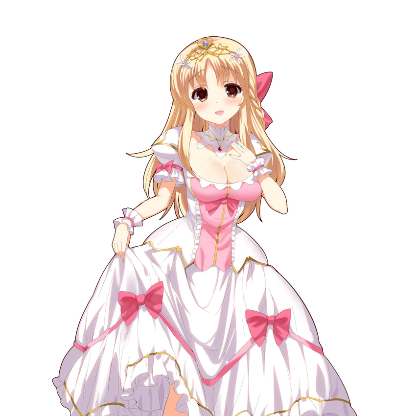 blonde_hair braid breasts brown_eyes character_request cleavage dress highres kusaka_souji large_breasts long_hair looking_at_viewer official_art open_mouth puffy_sleeves short_sleeves solo transparent_background uchi_no_hime-sama_ga_ichiban_kawaii wrist_cuffs