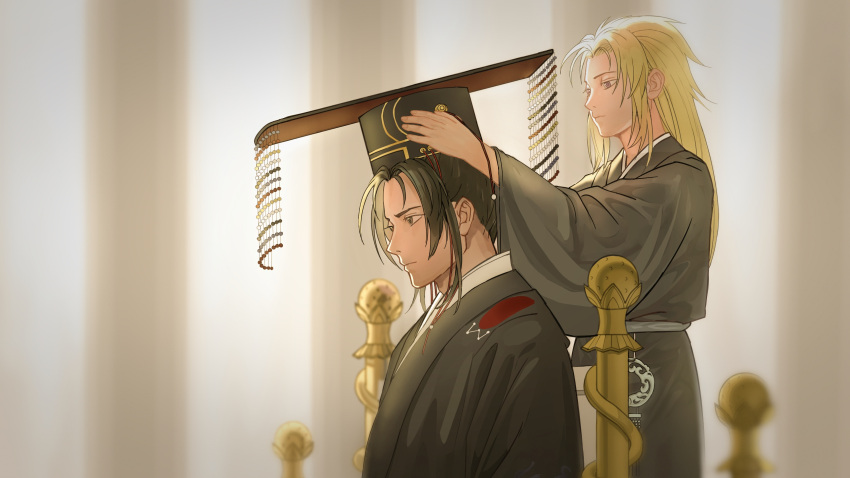 2boys black_hair black_robe blonde_hair blurry chin_strap chinese_clothes depth_of_field enki_(juuni_kokuki) from_side hand_up hanfu highres juuni_kokuki king king_en_(juuni_kokuki) long_hair long_sleeves looking_ahead male_focus mian_guan multiple_boys outstretched_arm profile purple_eyes putting_on_headwear robe ruen_(pixiv5872798) sash sitting standing throne updo wide_sleeves yaopei
