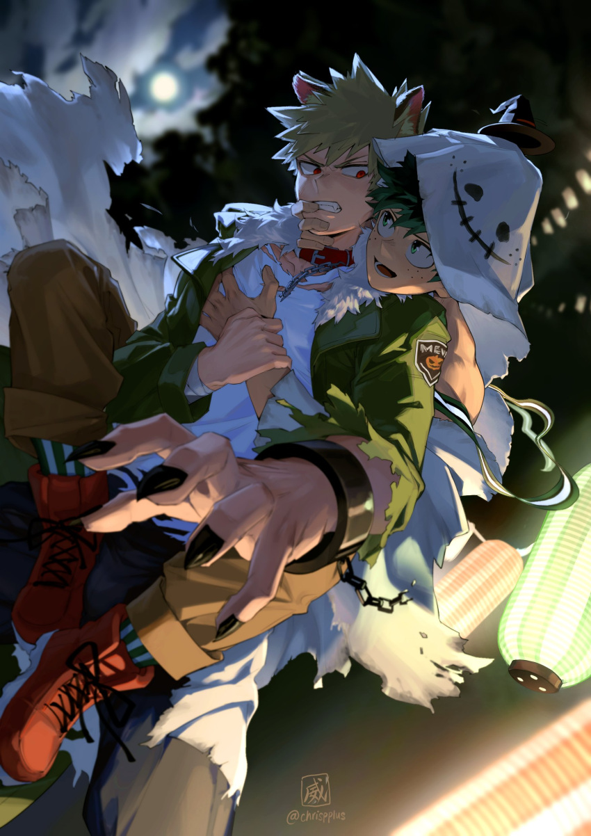 2boys absurdres animal_ears bakugou_katsuki blonde_hair boku_no_hero_academia brown_pants chrispplus clenched_teeth commentary english_commentary freckles ghost_costume green_eyes green_hair green_jacket halloween halloween_costume highres hood hood_up hug hug_from_behind jacket kemonomimi_mode lantern looking_at_another male_focus midoriya_izuku moon multiple_boys open_clothes open_jacket open_mouth outdoors pants red_eyes red_footwear shoes short_hair smile spiked_hair teeth torn_clothes twitter_username yaoi
